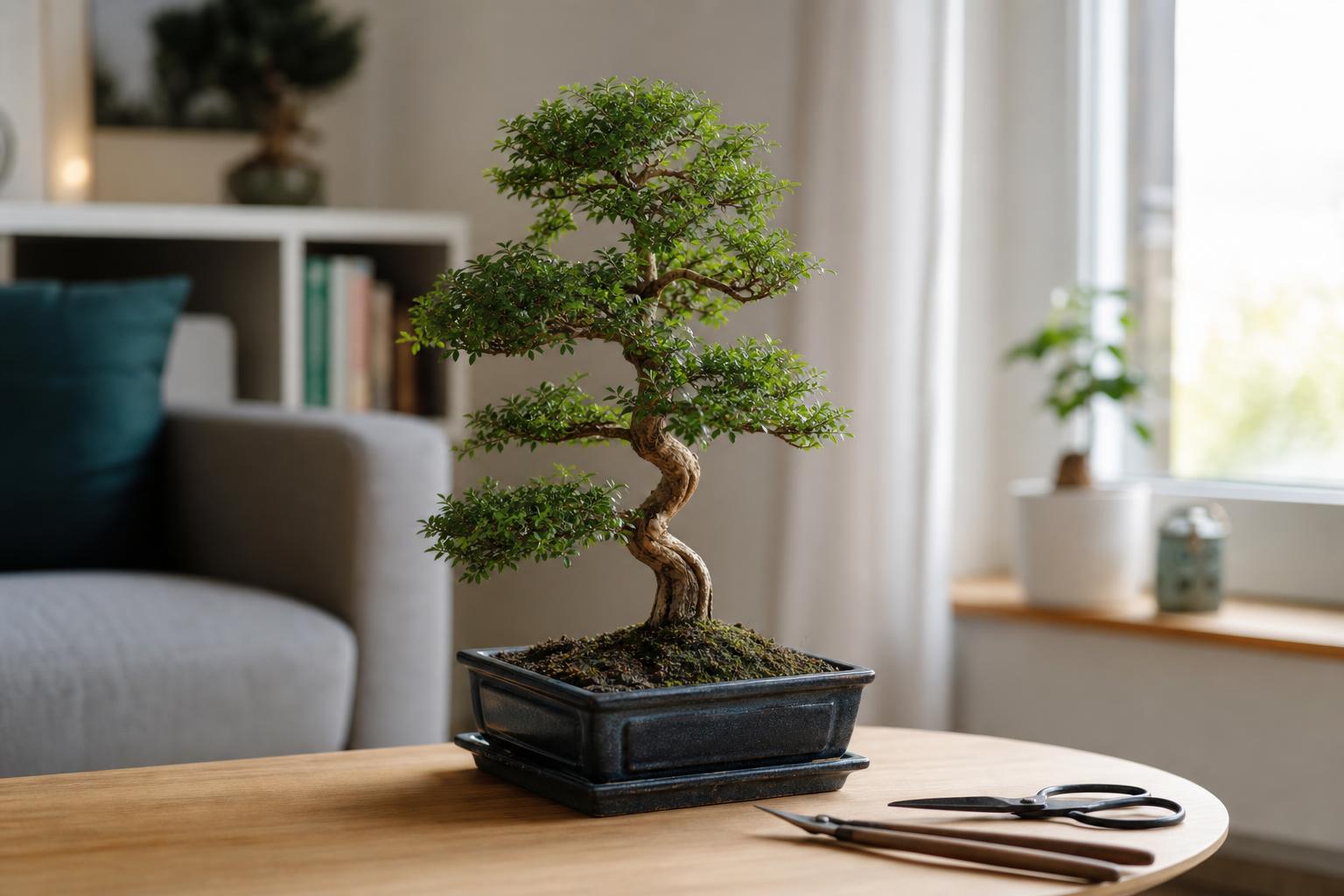 Zdrowe bonsai ustawione przy jasnym oknie w mieszkaniu – wygenerowane przez AI - Ilustracja artykułu. 