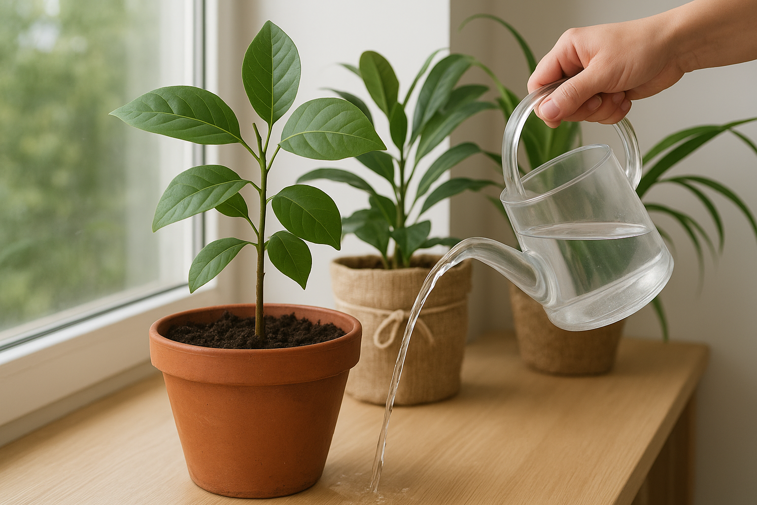 Rośliny doniczkowe przygotowane do nieobecności właściciela z domowymi systemami nawadniania na parapecie – ilustracja artykułu