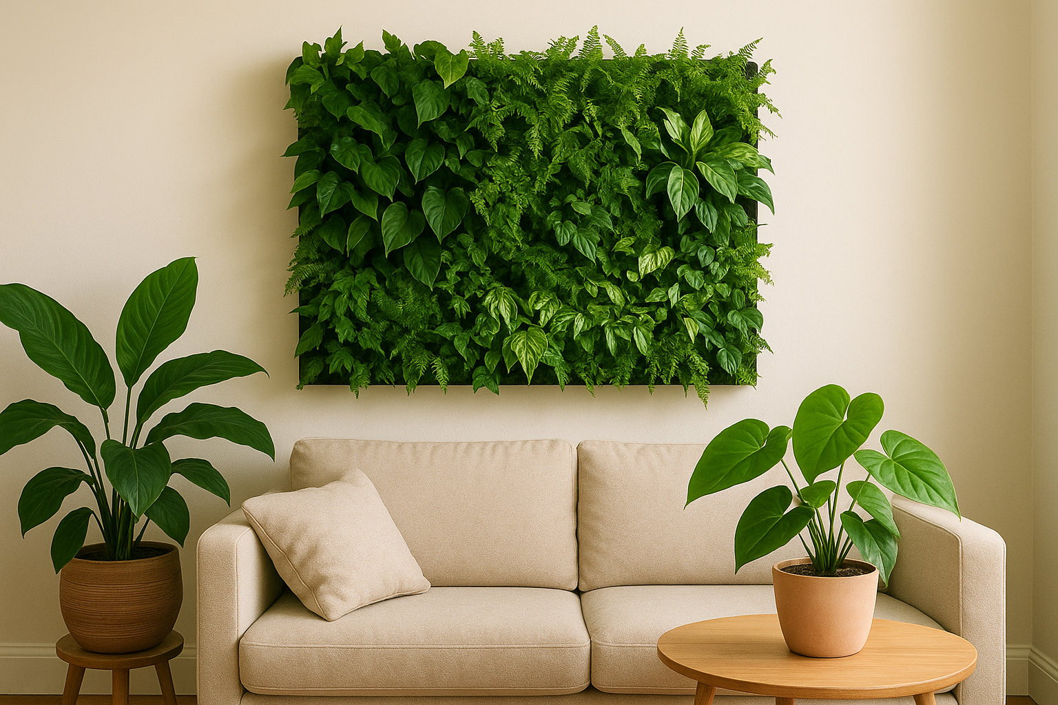 Nowoczesny salon z roślinną ścianą pokrytą różnorodnymi, zdrowymi roślinami doniczkowymi – ilustracja artykułu