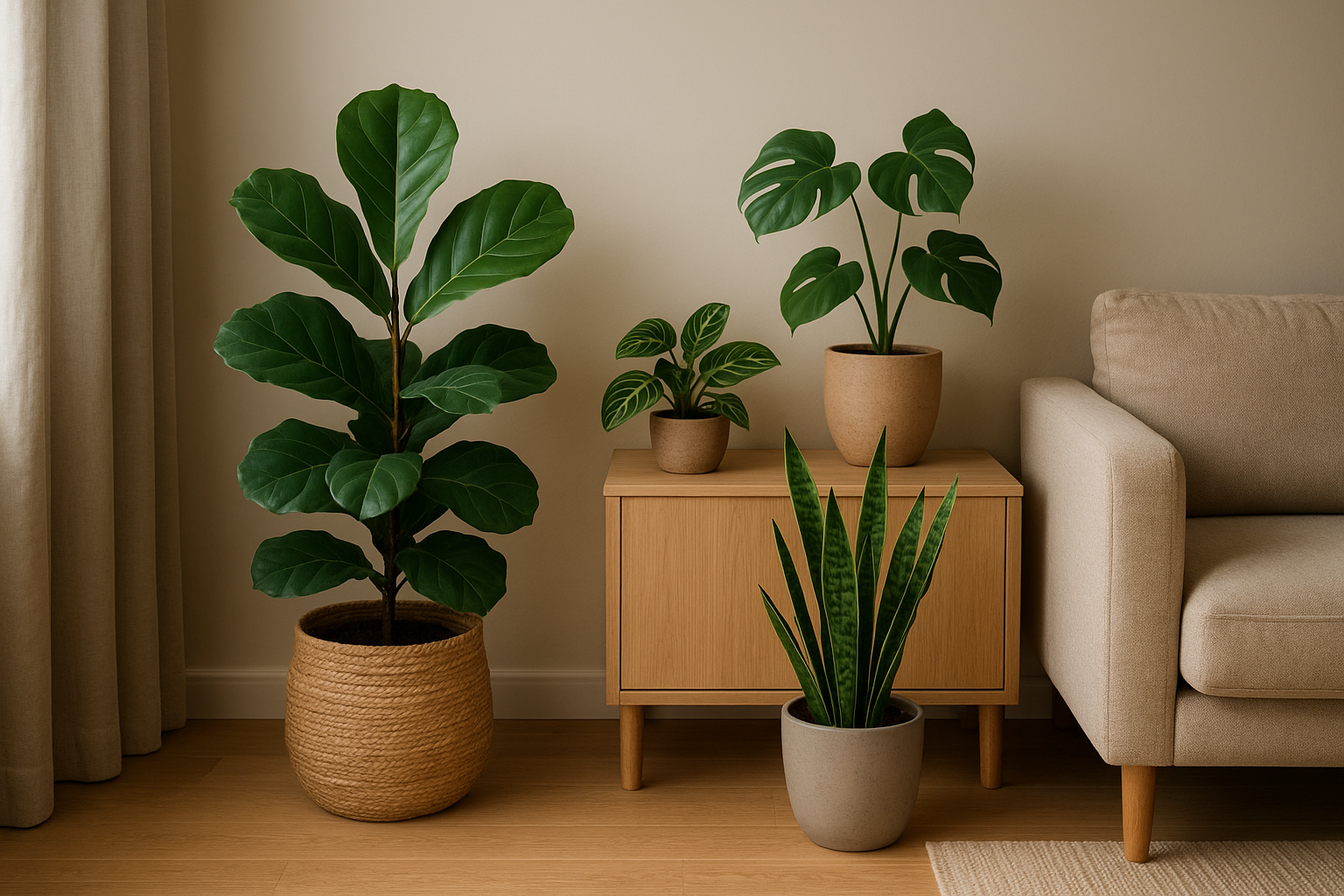 Wnętrze japandi z roślinami doniczkowymi w ceramicznych donicach, minimalizm i harmonia. – ilustracja artykułu