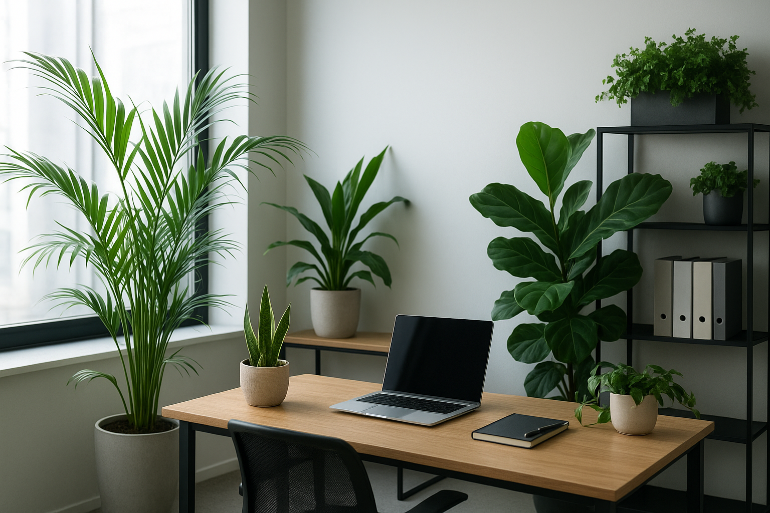 Nowoczesne biuro z roślinami poprawiającymi koncentrację i kreatywność, skrzydłokwiat i sansewieria na stole. – ilustracja artykułu