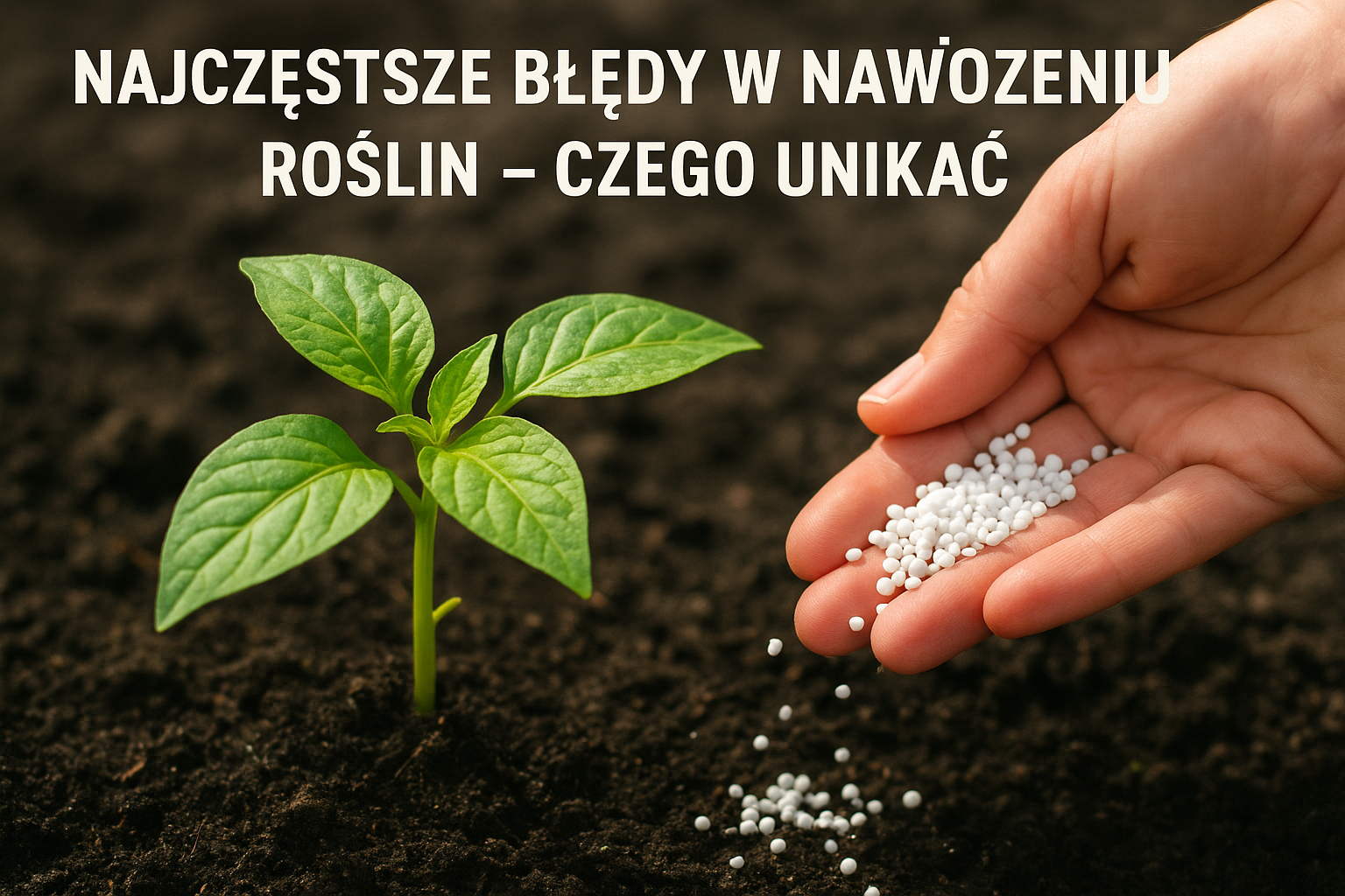 Doniczkowe rośliny z objawami przenawożenia: żółte liście, białe osady na ziemi, butelka nawozu w tle. – ilustracja artykułu