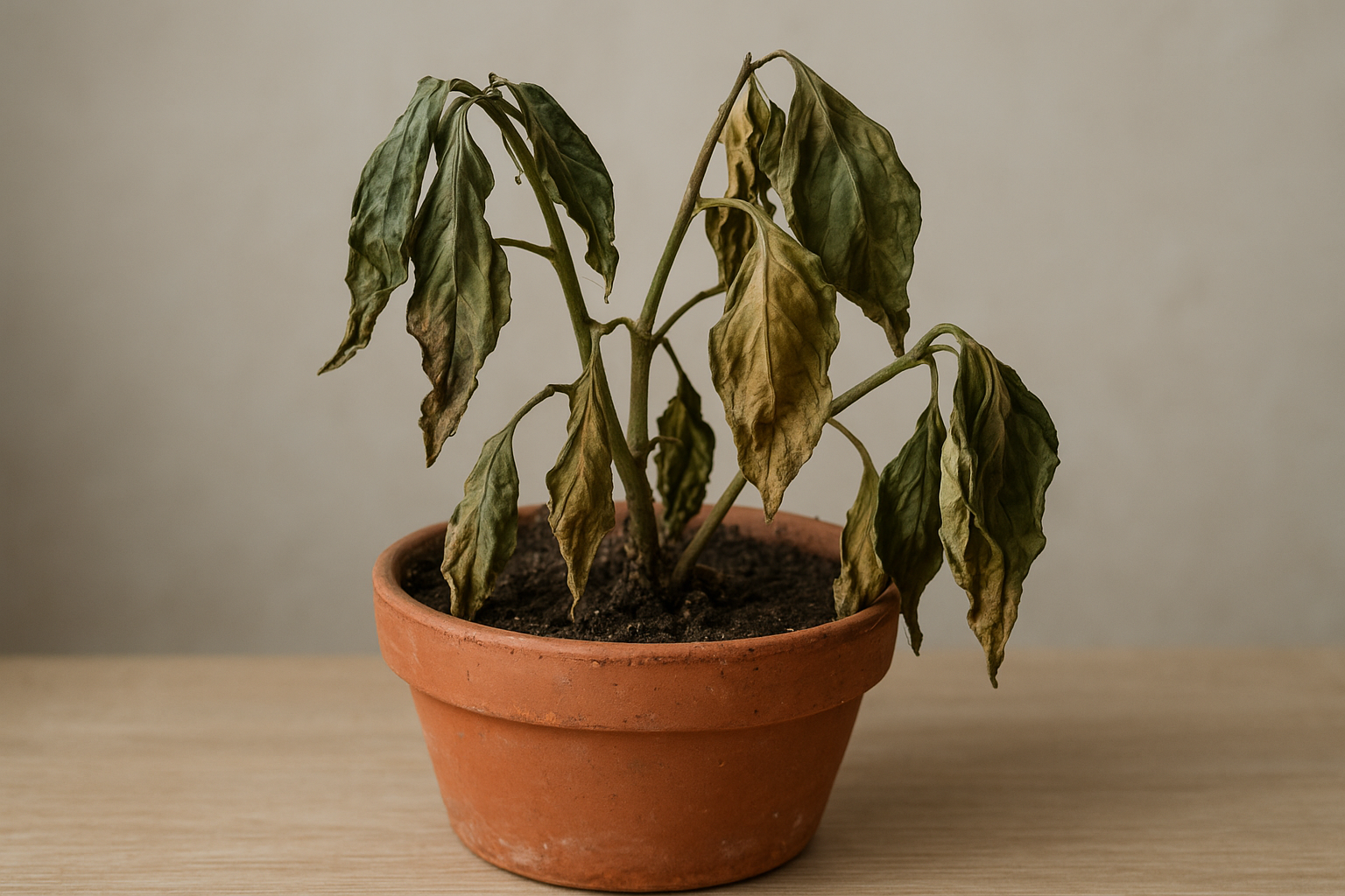 Nieodwracalne uszkodzenia rośliny doniczkowej – zwiędłe, brązowe liście i czerniejące łodygi – ilustracja artykułu