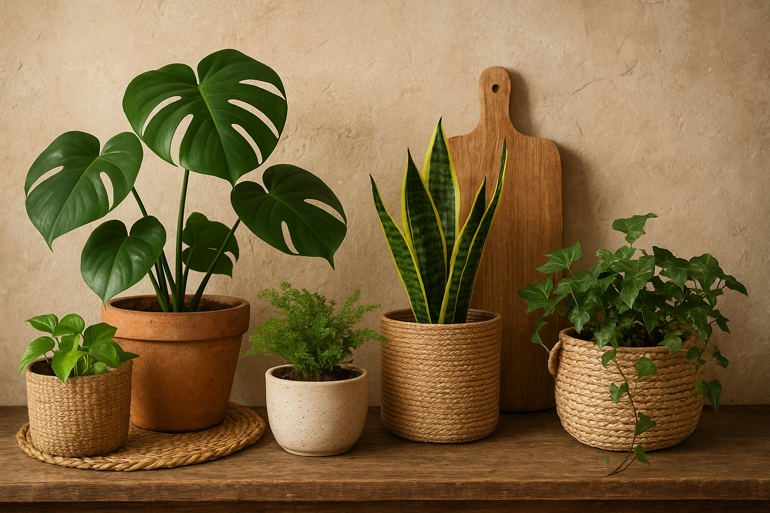 Przytulne wnętrze z roślinami doniczkowymi, wiklinowymi koszami, glinianymi doniczkami i drewnianymi półkami w naturalnej aranżacji. – ilustracja artykułu