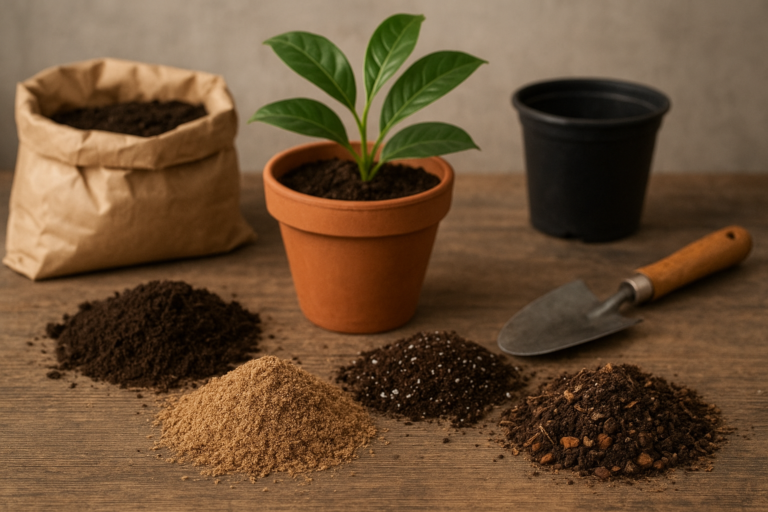 Różne mieszanki podłoża do roślin doniczkowych – torf, perlit, kora, piasek i keramzyt z zielonymi roślinami. – ilustracja artykułu