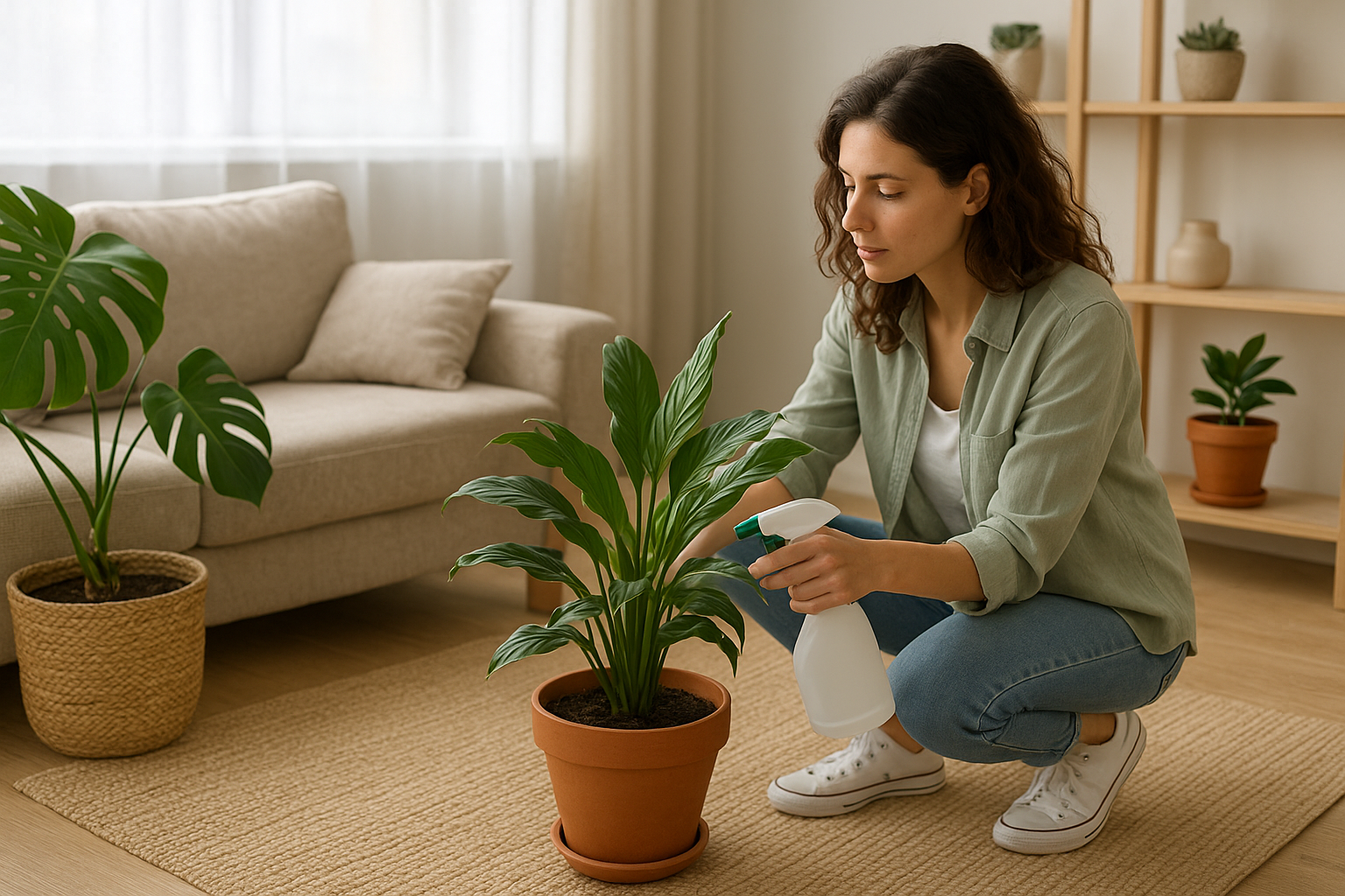 Rośliny doniczkowe w jasnym salonie wynajmowanego mieszkania, aranżacja wnętrza z zielenią. – ilustracja artykułu