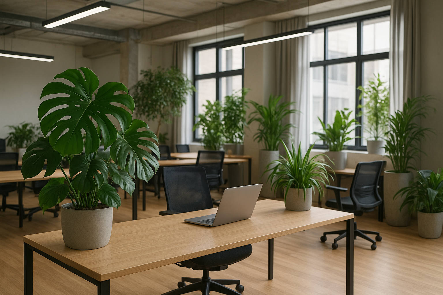 Nowoczesna przestrzeń open space z dużą ilością roślin doniczkowych: monstera, palmy, sansewierie i zamiokulkasy oddzielające strefy pracy. – ilustracja artykułu