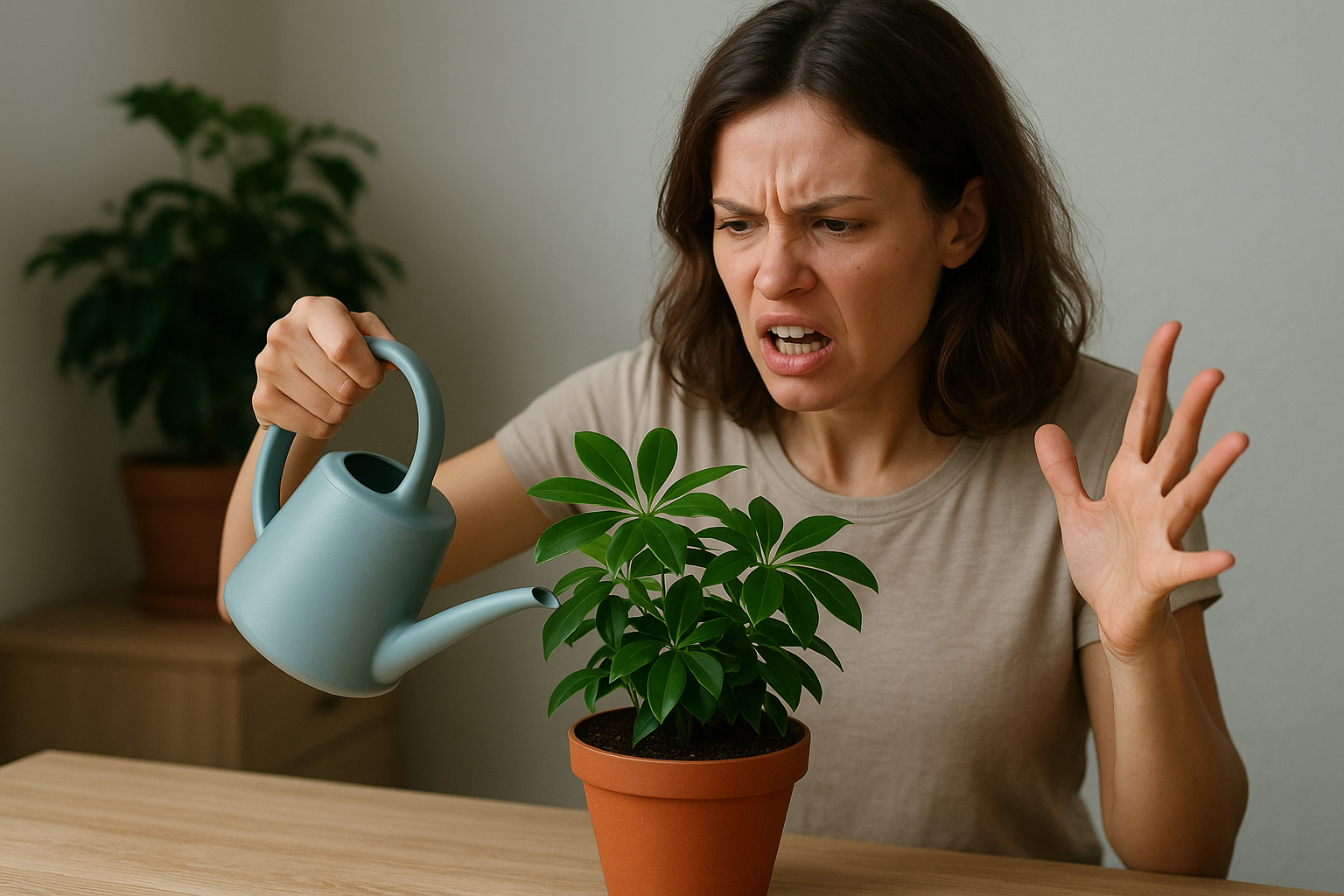 Zestresowana roślina doniczkowa z pożółkłymi liśćmi na parapecie w mieszkaniu – ilustracja artykułu