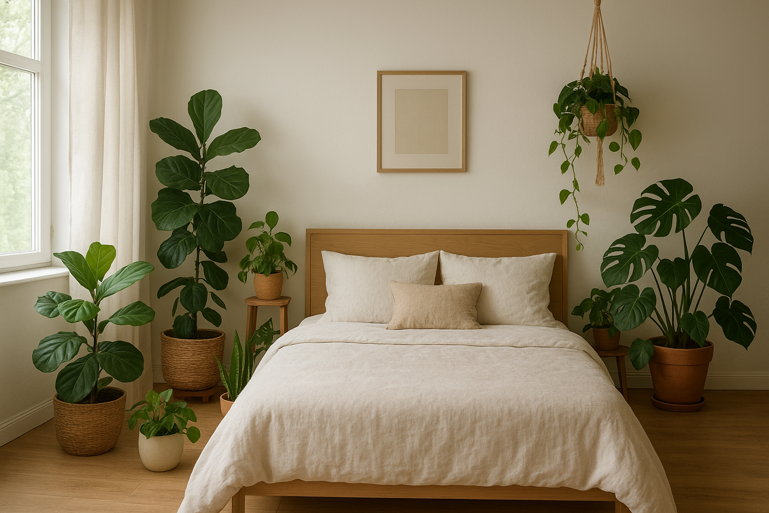 Przytulna sypialnia ozdobiona bezpiecznymi roślinami doniczkowymi na parapecie i szafkach nocnych – ilustracja artykułu