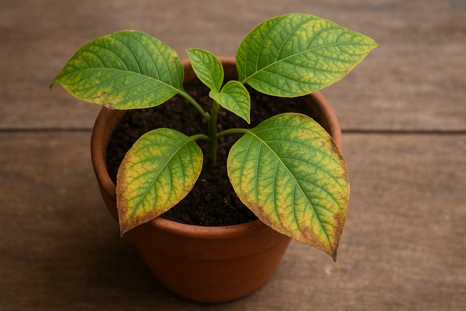 Liście rośliny doniczkowej z objawami niedoboru składników odżywczych – żółknięcie i brązowe brzegi w domowym wnętrzu – ilustracja artykułu