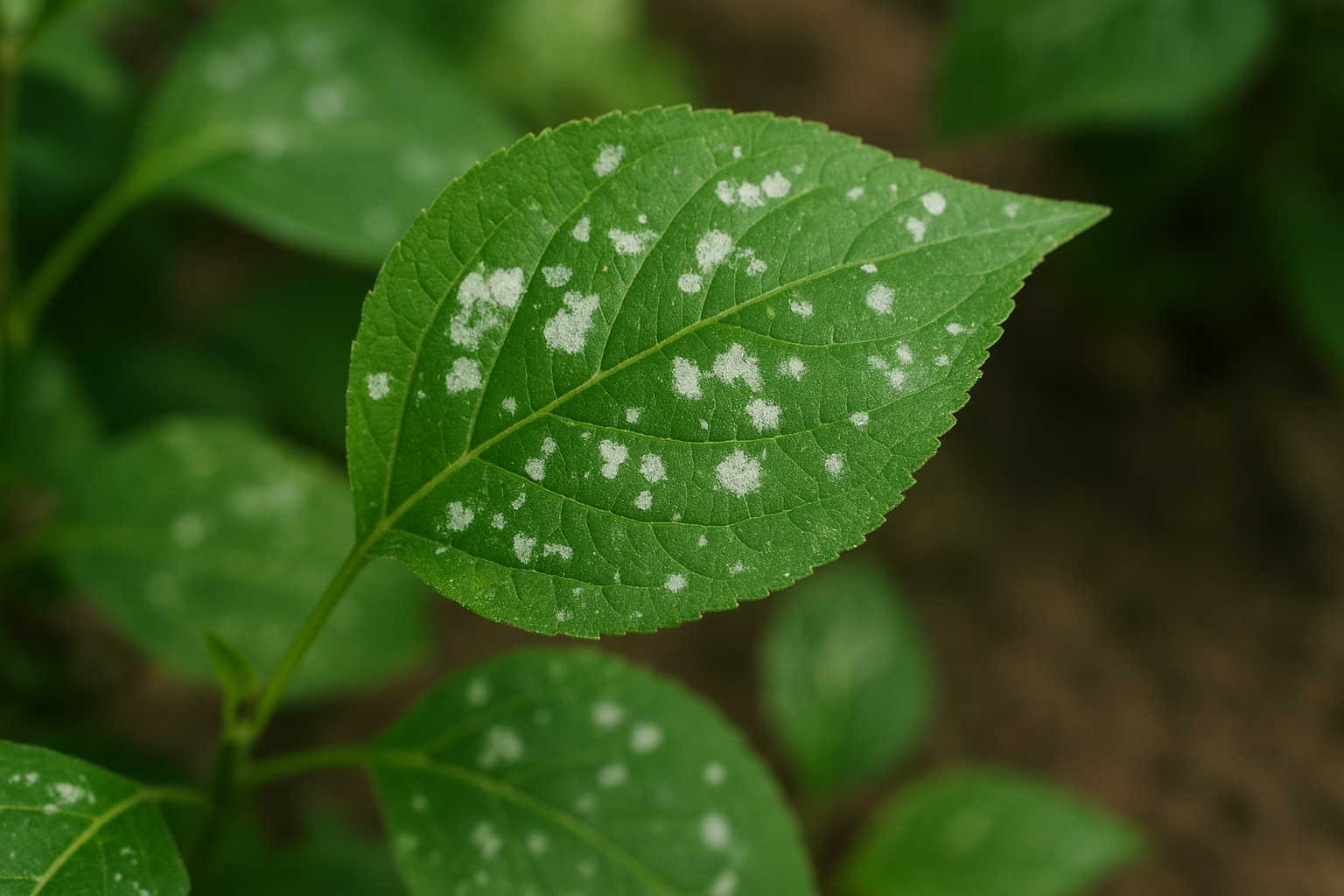 Liście rośliny doniczkowej z widocznymi białymi plamami – przykład typowych objawów choroby lub stresu rośliny. – ilustracja artykułu