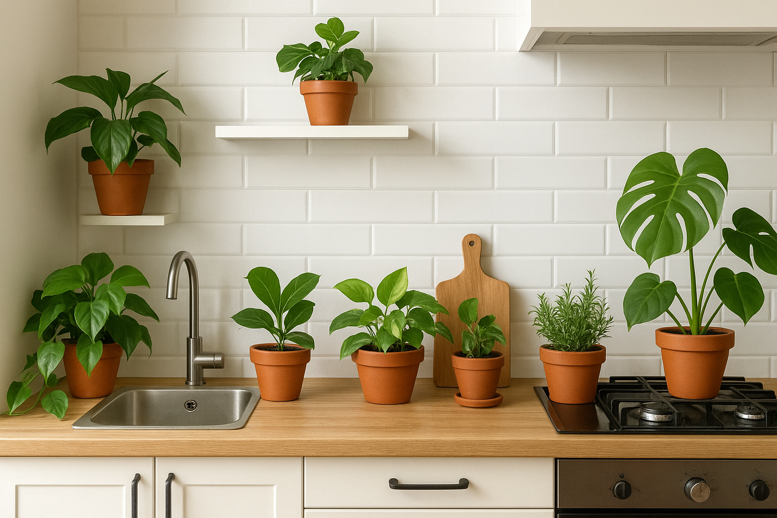 Nowoczesna kuchnia z praktycznie ustawionymi roślinami doniczkowymi – zioła, paprocie, sukulenty na półkach i parapecie – ilustracja artykułu