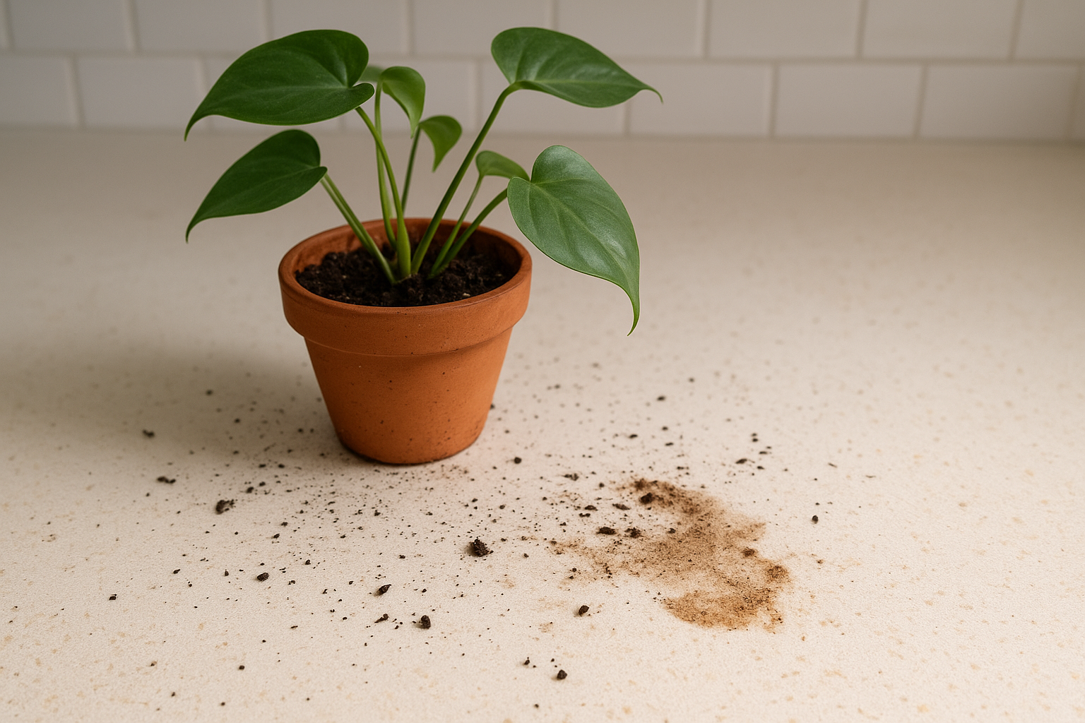 Roślina doniczkowa stojąca na blacie z widocznymi opiłkami ziemi i lepkimi kroplami soku. – ilustracja artykułu