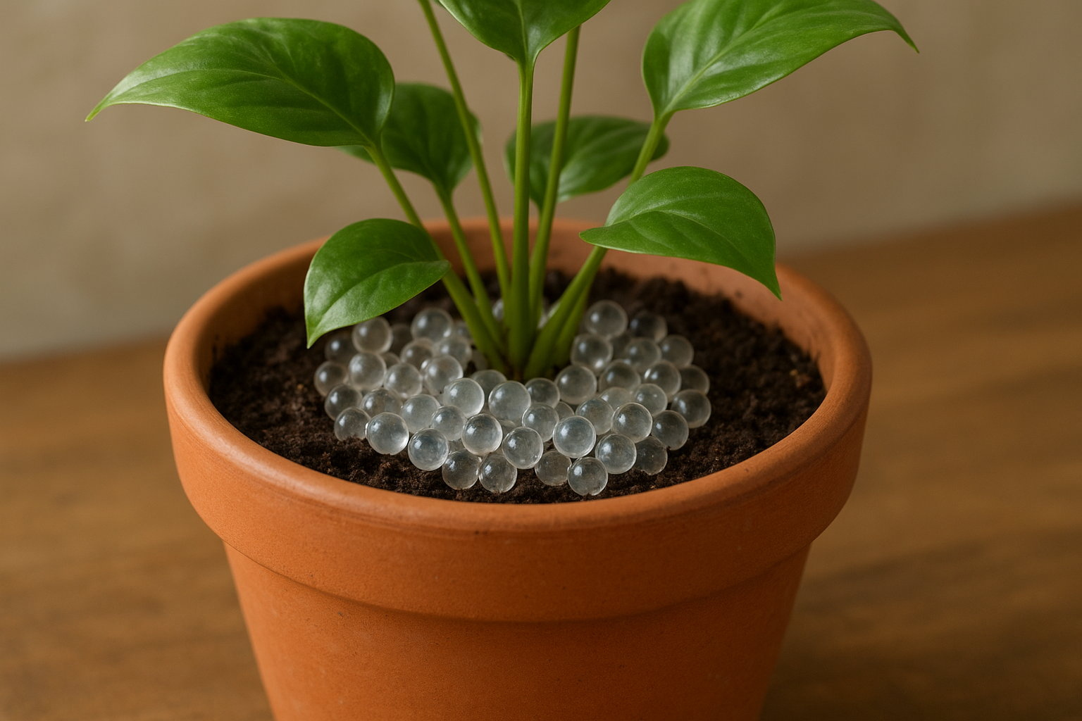 Granulki hydrożelu umieszczane w ziemi w doniczce z rośliną domową. – ilustracja artykułu