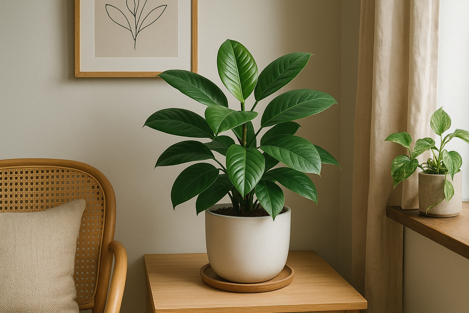 Stylowo wyeksponowane rośliny w małym, jasnym wnętrzu z półkami i wiszącymi doniczkami – ilustracja artykułu