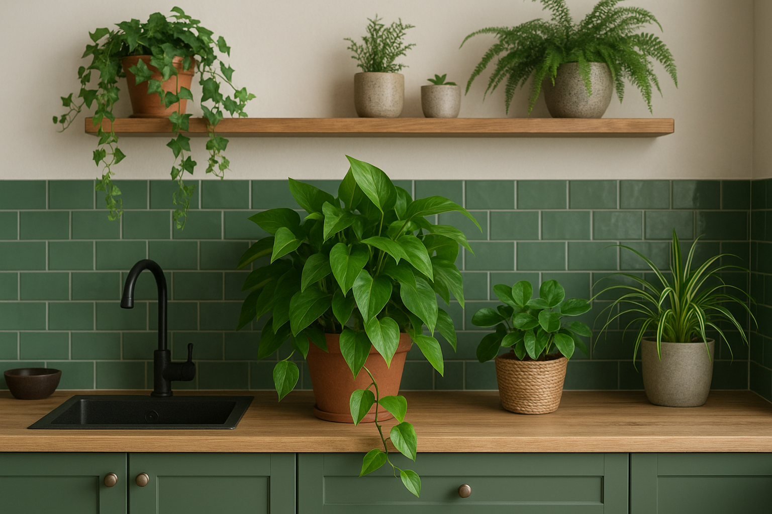 Nowoczesna, jasna kuchnia z zielonymi roślinami doniczkowymi i ziołami na parapecie i blacie. – ilustracja artykułu