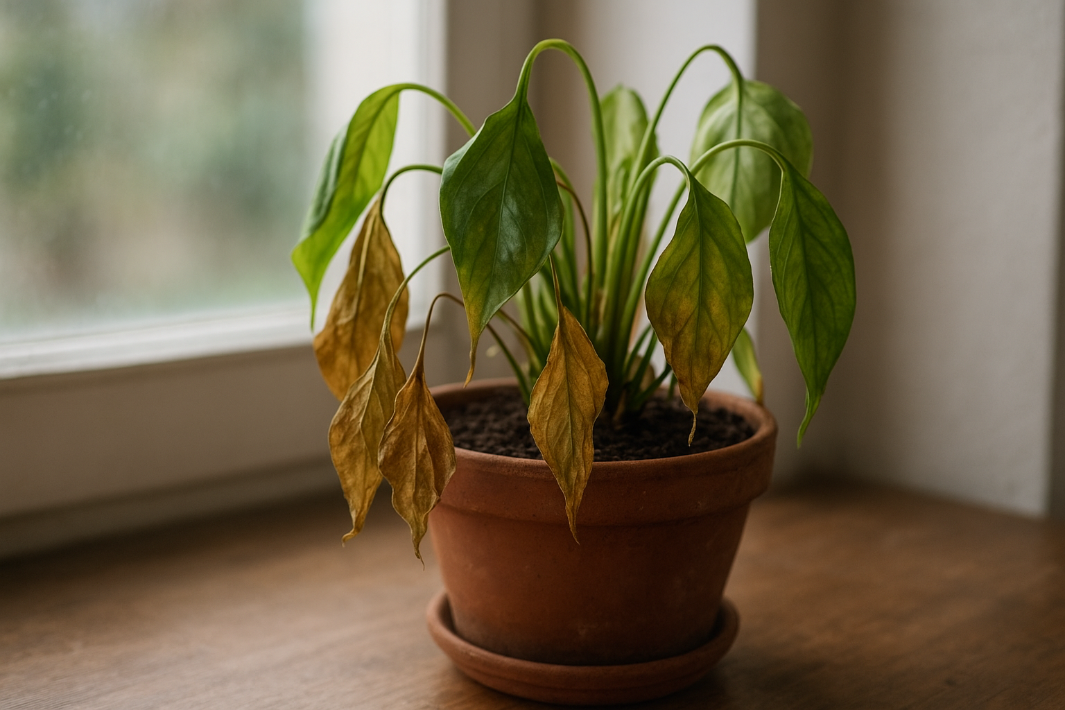 Fikus w doniczce stojący przy otwartym oknie, liście poruszane przez przeciąg w domowym wnętrzu – ilustracja artykułu