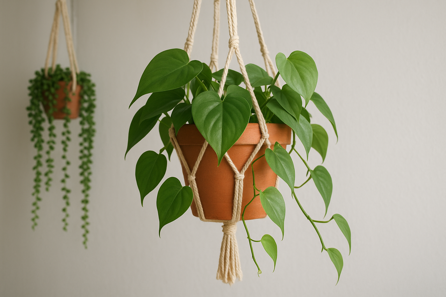 Wiszące doniczki z zielonymi roślinami – epipremnum, paproć, ceropegia – w jasnym, nowoczesnym salonie. – ilustracja artykułu