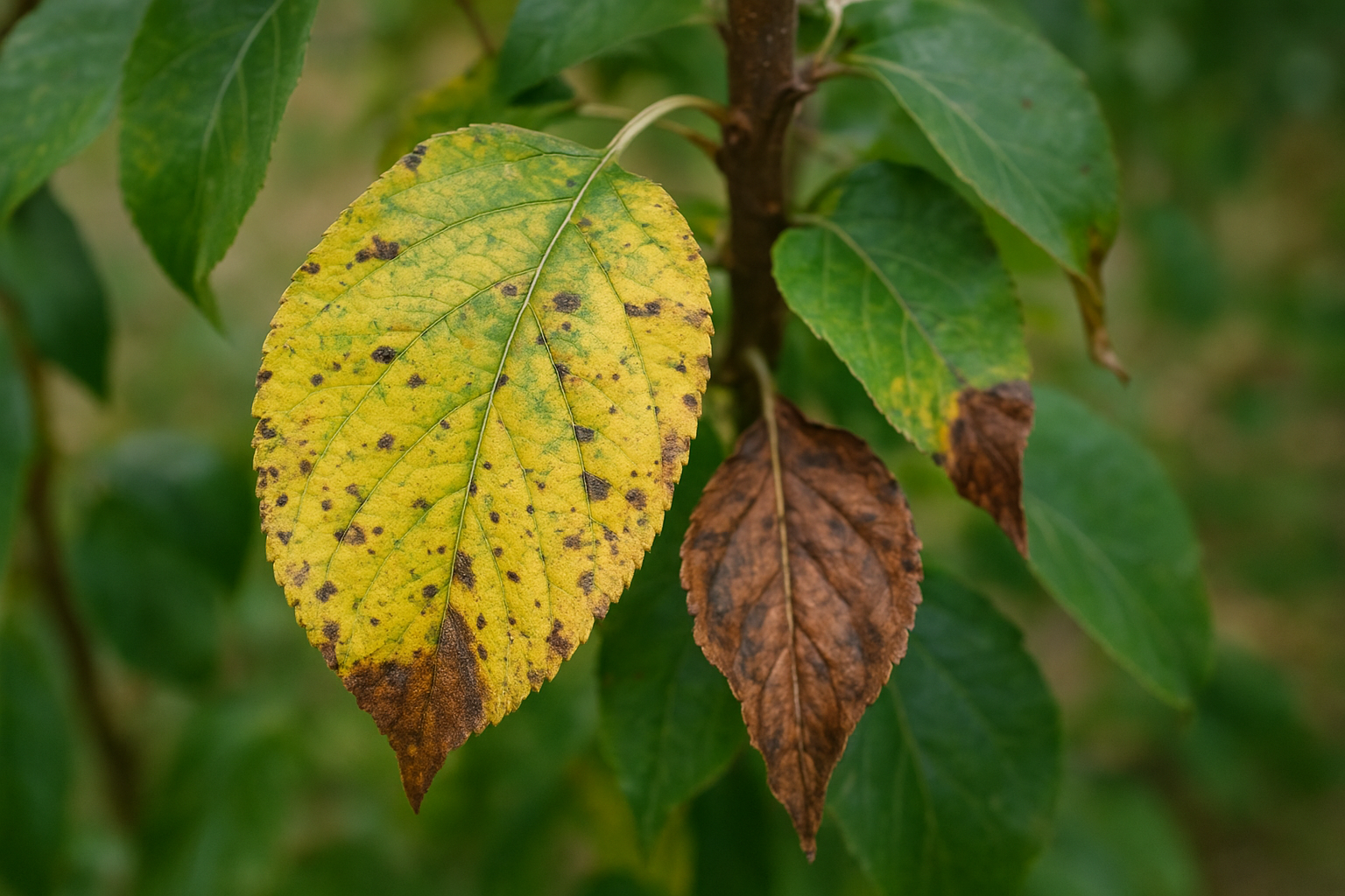 Liście rośliny doniczkowej – jeden żółknący naturalnie, drugi z plamami chorobowymi – ilustracja artykułu