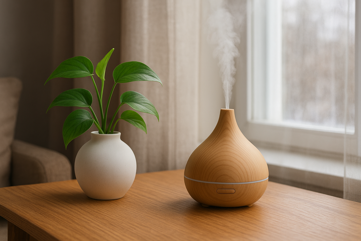 Naturalne metody nawilżania powietrza zimą – rośliny doniczkowe i miska z wodą na grzejniku w jasnym salonie – ilustracja artykułu