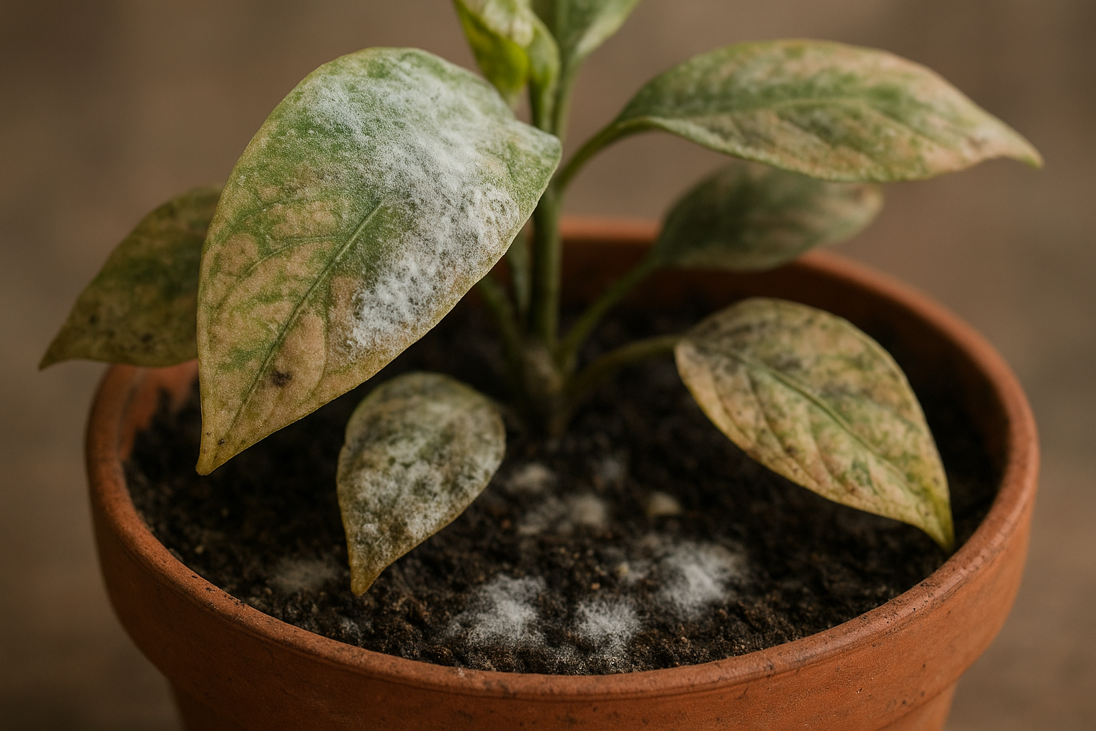 Pleśń na ziemi w doniczce – biały nalot, zielone liście rośliny w tle – ilustracja artykułu