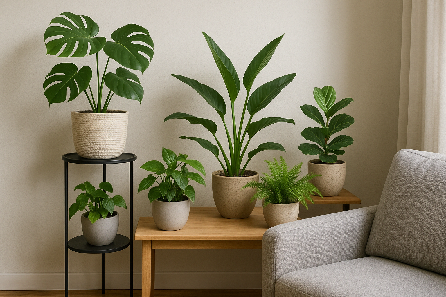 Zielony kącik w mieszkaniu – aranżacja z roślinami doniczkowymi przy oknie, na półkach i kwietnikach, styl skandynawski. – ilustracja artykułu