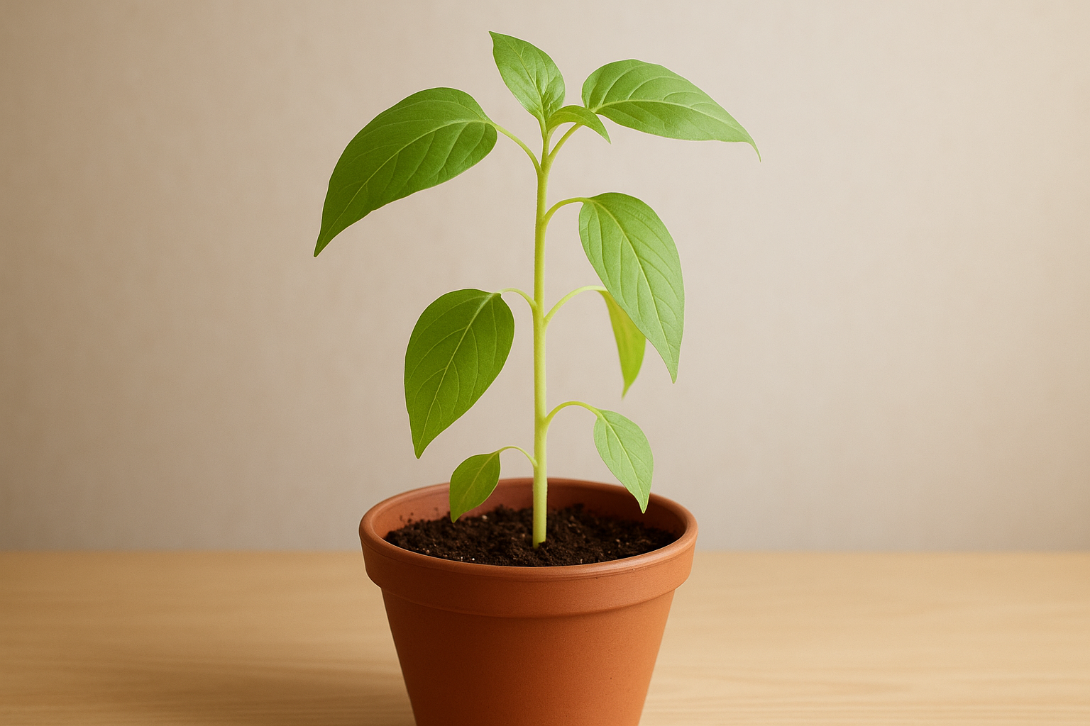 Etiolacja roślin — roślina doniczkowa z wydłużonymi, cienkimi pędami i małymi liśćmi w ciemnym mieszkaniu – ilustracja artykułu