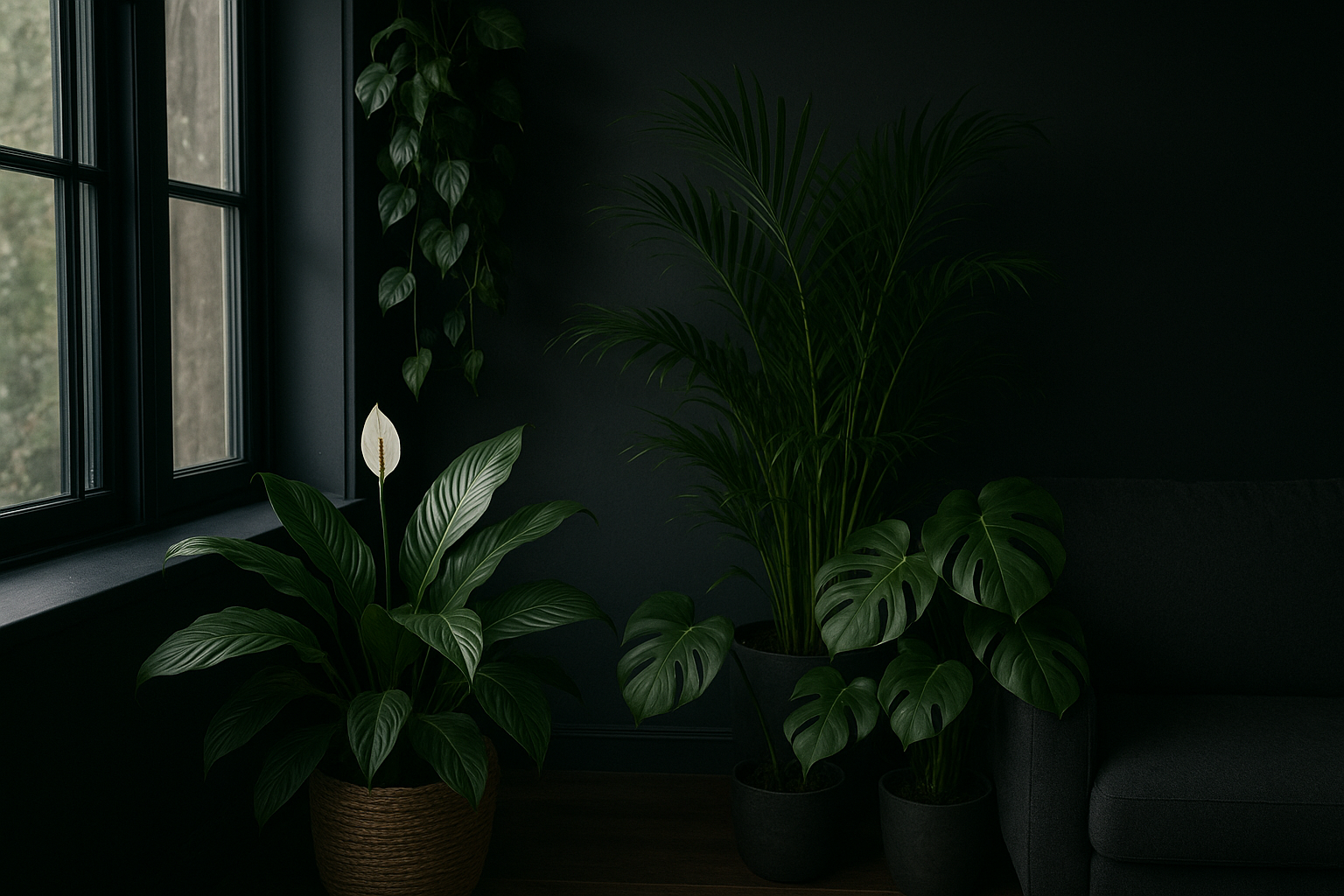Rośliny doniczkowe odporne na cień – zamiokulkas, sansewieria, skrzydłokwiat i paproć w ciemnym wnętrzu – ilustracja artykułu