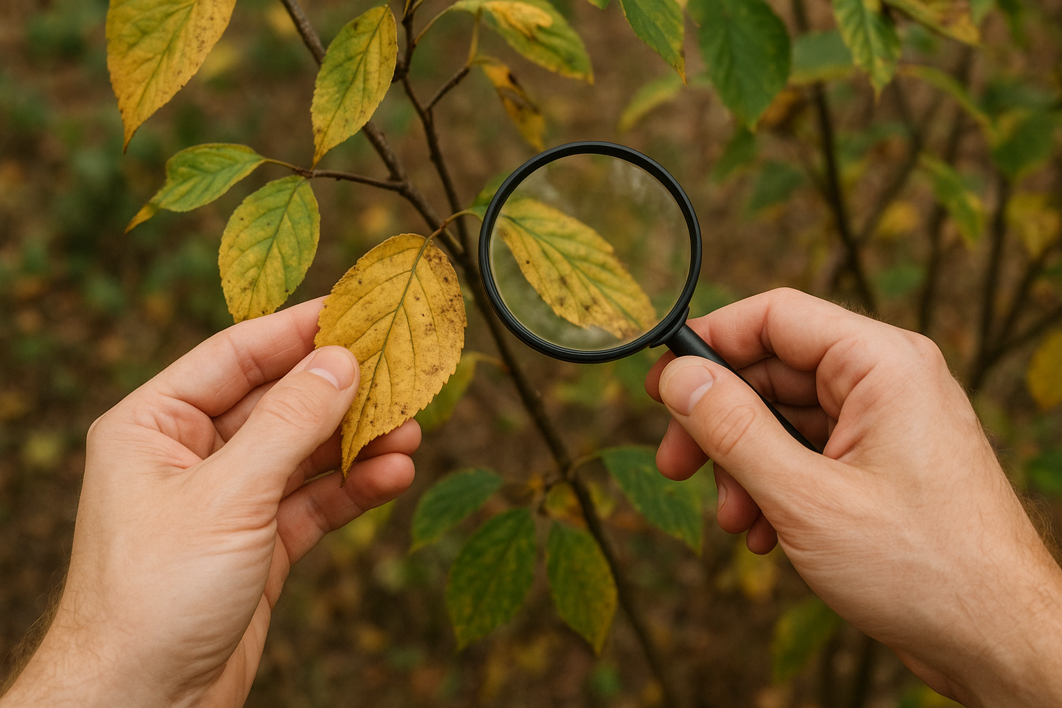 Roślina doniczkowa z opadłymi liśćmi na parapecie, osoba sprawdza wilgotność ziemi – ilustracja artykułu