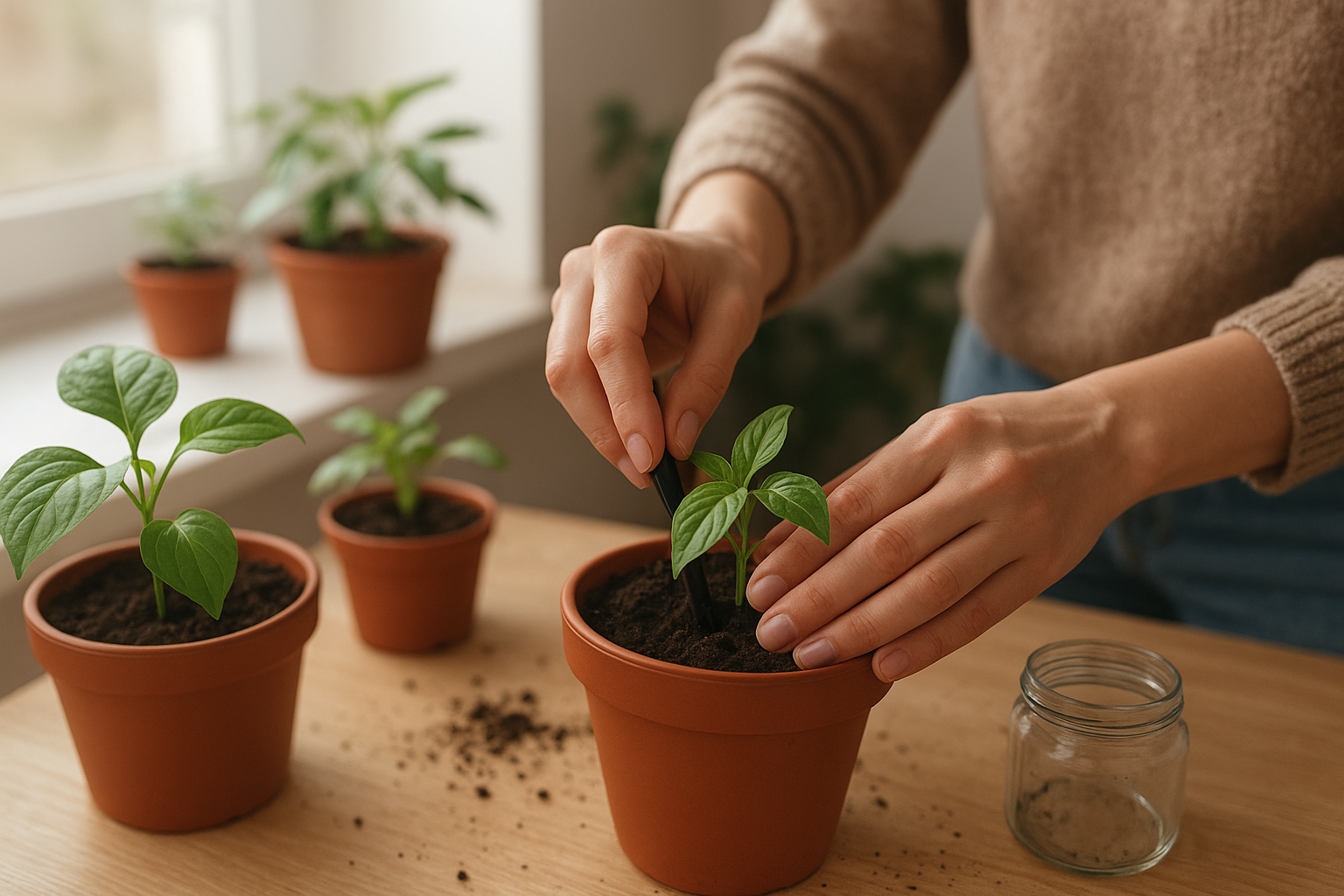 Młode sadzonki roślin doniczkowych w małych doniczkach na nasłonecznionym parapecie – ilustracja artykułu