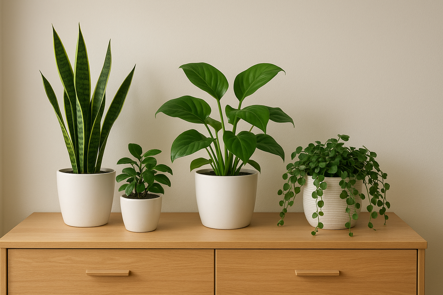 Komoda z różnorodnymi roślinami doniczkowymi w jasnym, nowoczesnym wnętrzu – ilustracja artykułu