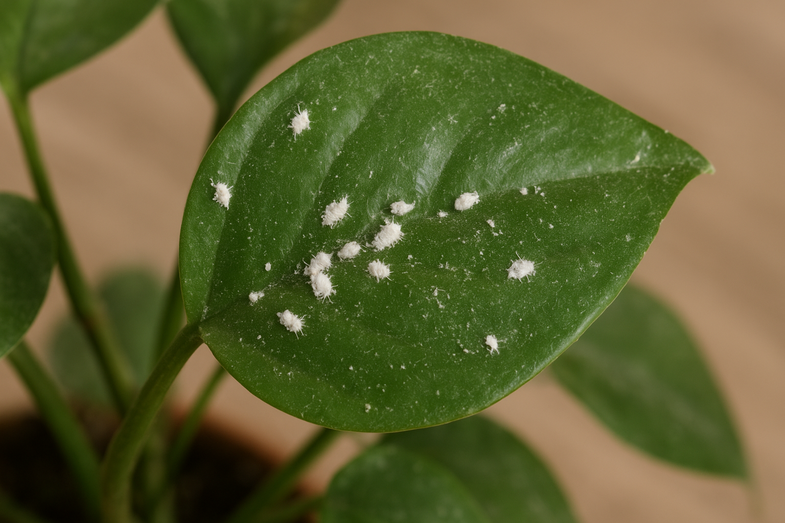 Misecznik na liściu rośliny doniczkowej – makrofotografia przedstawiająca szkodnika i szczegóły liścia. – ilustracja artykułu