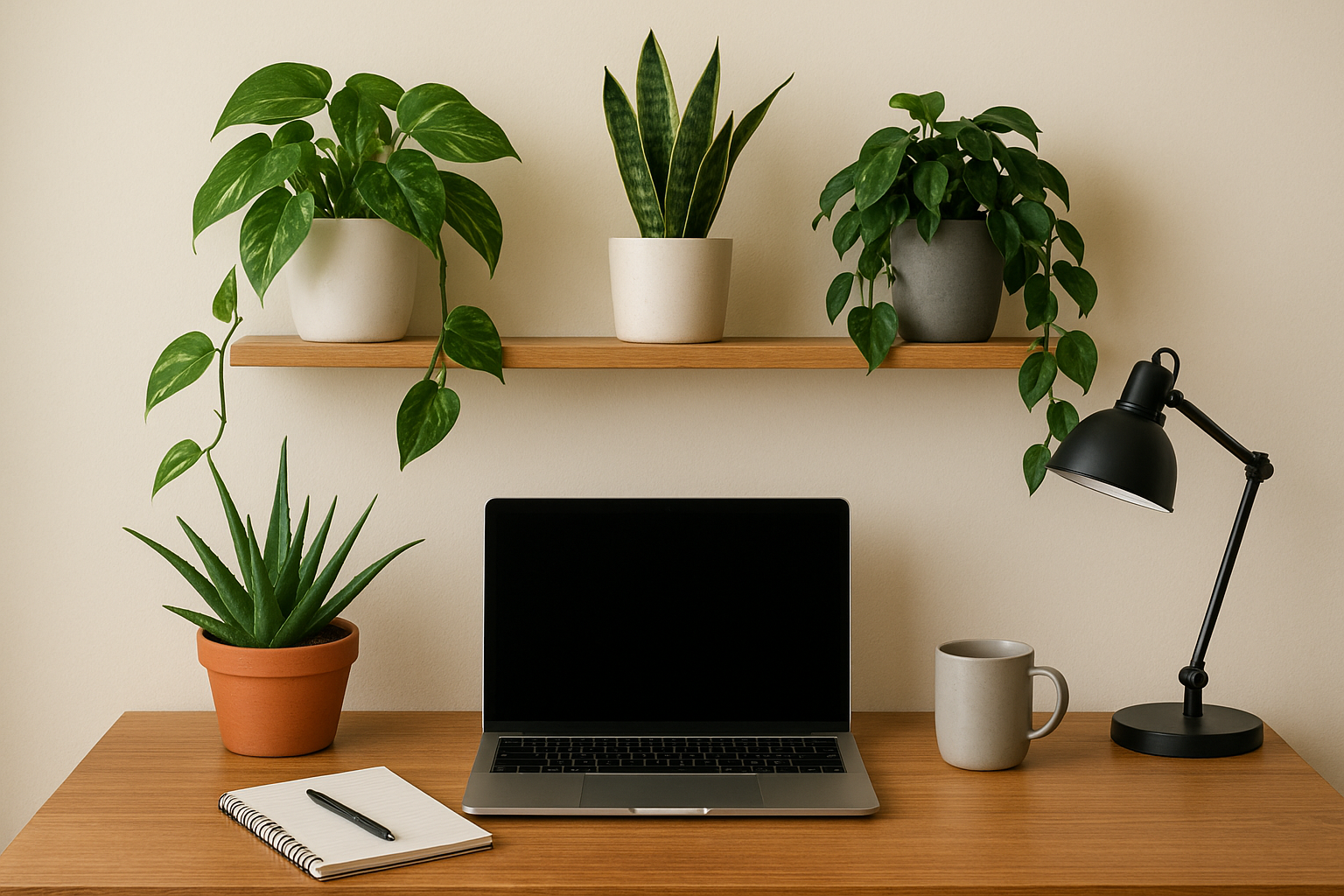 Rośliny doniczkowe na półkach nad biurkiem w jasnym, nowoczesnym biurze – ilustracja artykułu