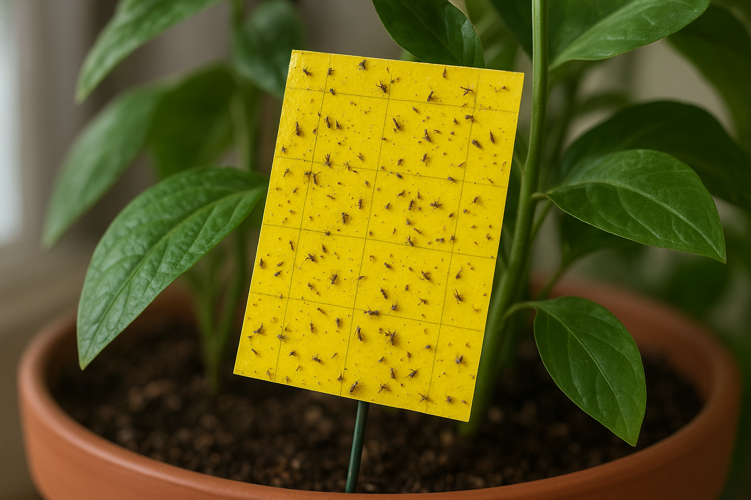 Lepowa tablica w doniczce z przyklejonymi szkodnikami – skuteczna ochrona roślin doniczkowych – ilustracja artykułu