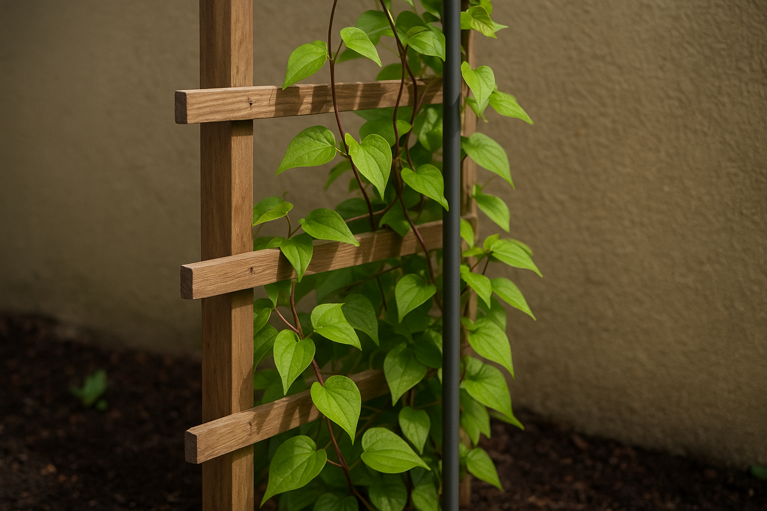 Rośliny pnące na podporach w nowoczesnym wnętrzu – monstera, epipremnum i filodendron na paliku kokosowym, drabince i siatce. – ilustracja artykułu