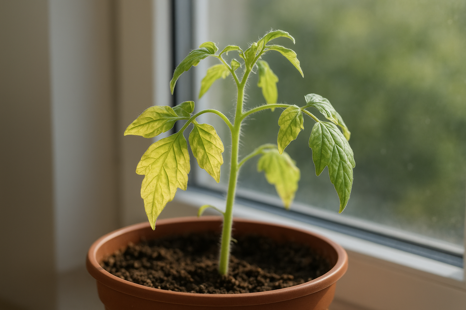 Liście rośliny doniczkowej z oznakami stresu świetlnego – żółte i brązowe plamy w domowym wnętrzu. – ilustracja artykułu