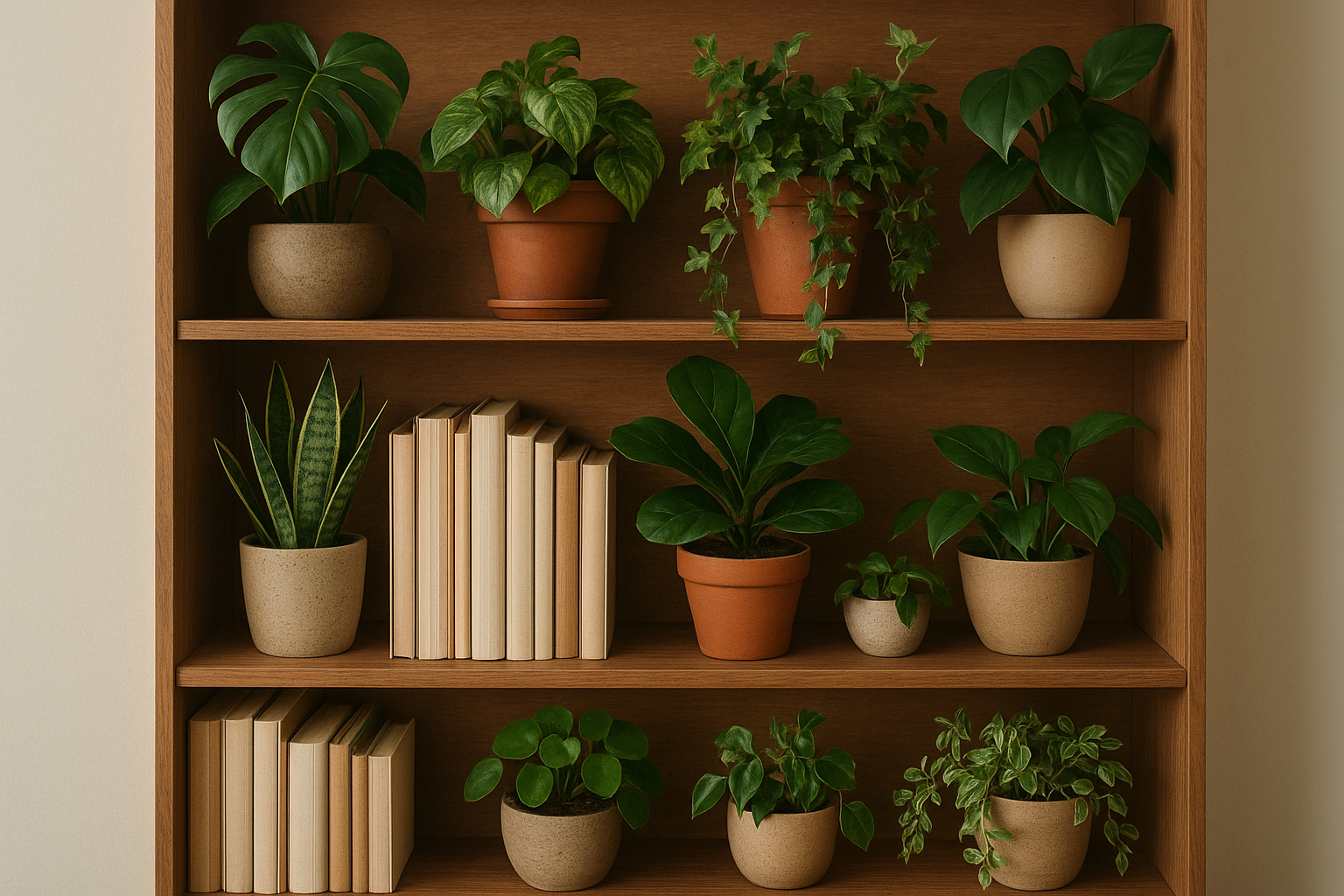 Roślinna biblioteczka z zielonymi roślinami doniczkowymi na półkach z książkami w jasnym, przytulnym wnętrzu. – ilustracja artykułu
