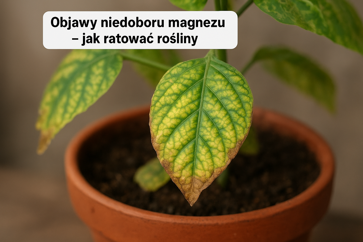 Liść rośliny doniczkowej z objawami niedoboru magnezu – żółknięcie między nerwami, zielone nerwy – ilustracja artykułu