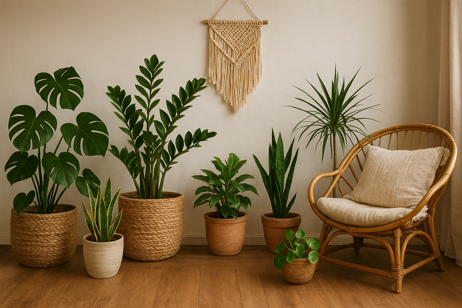 Wnętrze w stylu boho chic z dużą ilością zielonych roślin i makramowymi kwietnikami – ilustracja artykułu