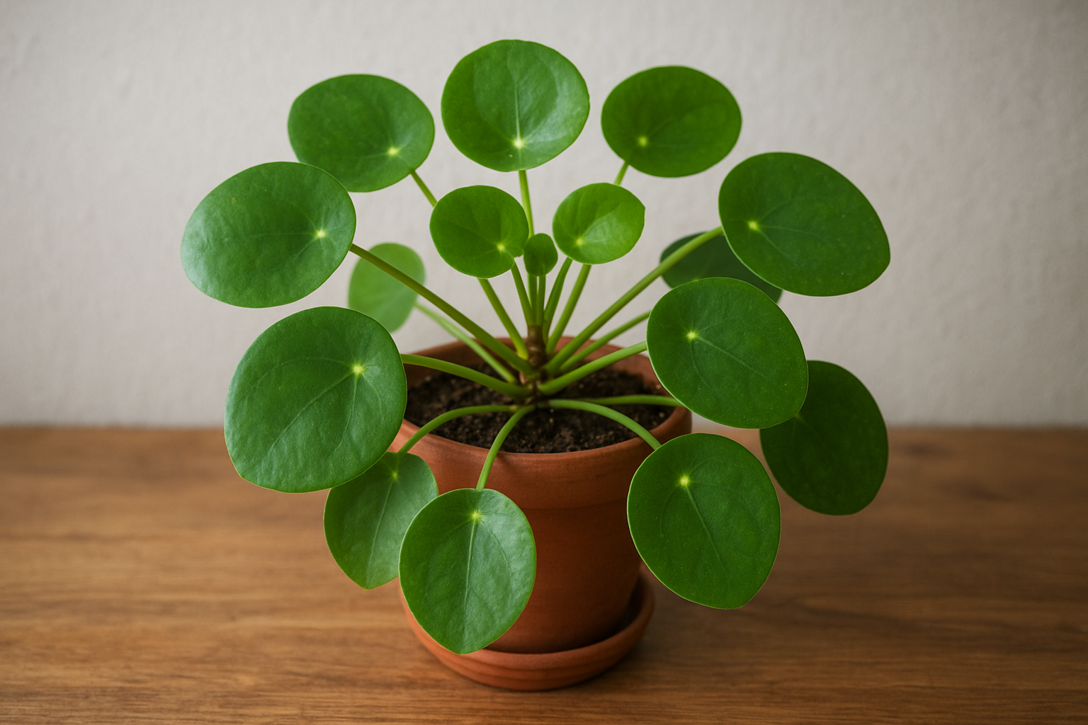 Pilea Peperomioides – roślina szczęścia w nowoczesnym wnętrzu, okrągłe liście w jasnej doniczce – ilustracja artykułu