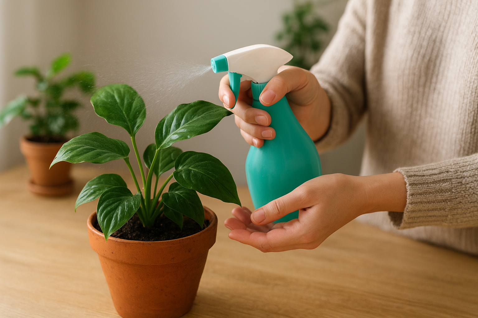 Delikatne zraszanie liści rośliny doniczkowej w domowym wnętrzu – ilustracja artykułu