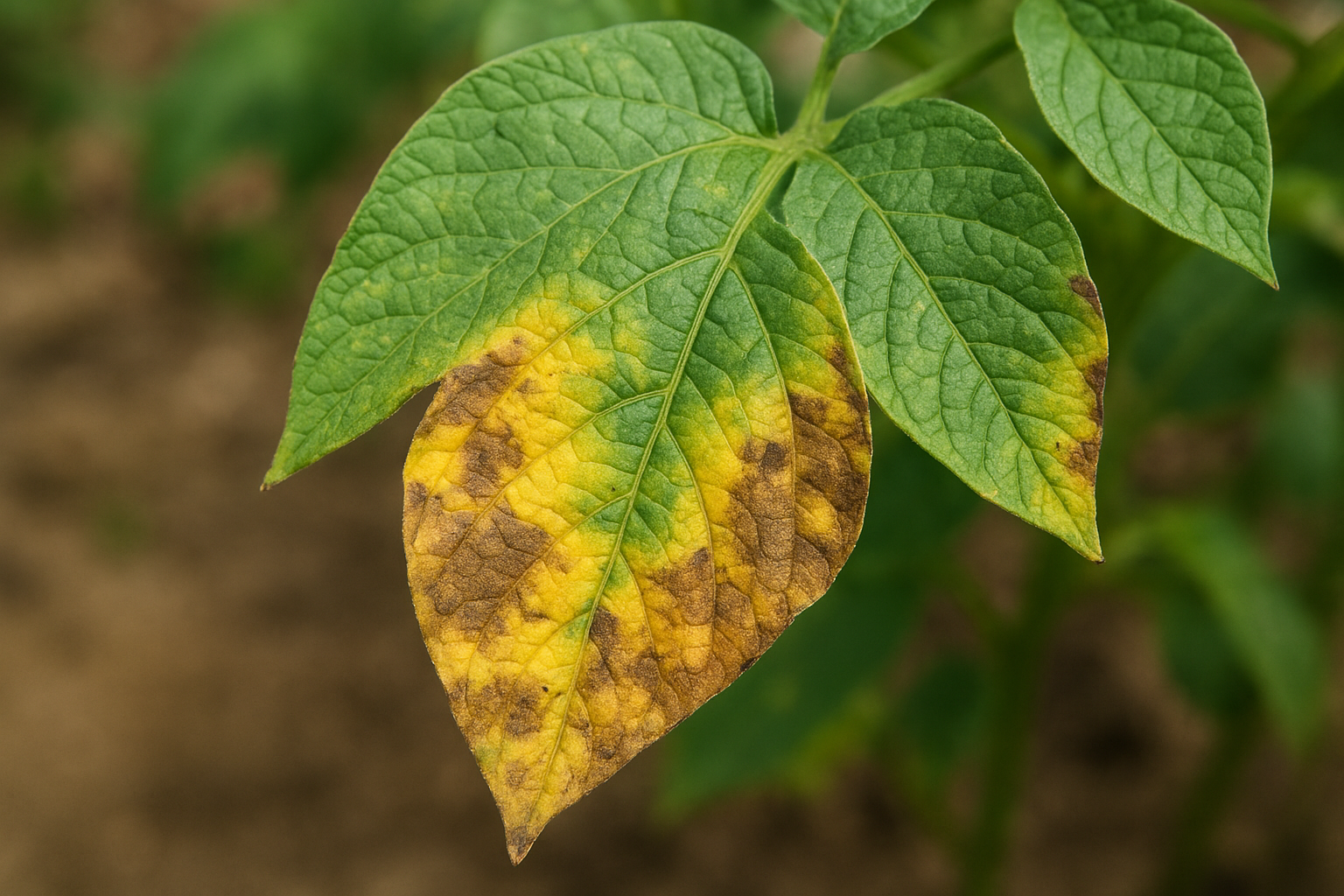 Liść rośliny doniczkowej z wyraźnymi objawami: żółknięcie, brązowe końcówki i plamy. – ilustracja artykułu