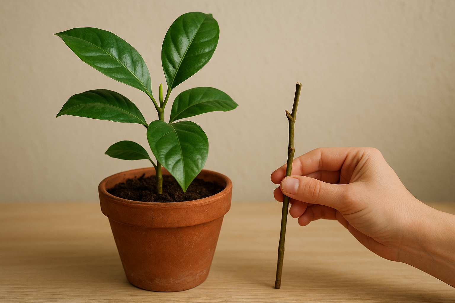 Zdrowa roślina doniczkowa wypuszczająca nowe pędy przy oknie, obok konewki. – ilustracja artykułu