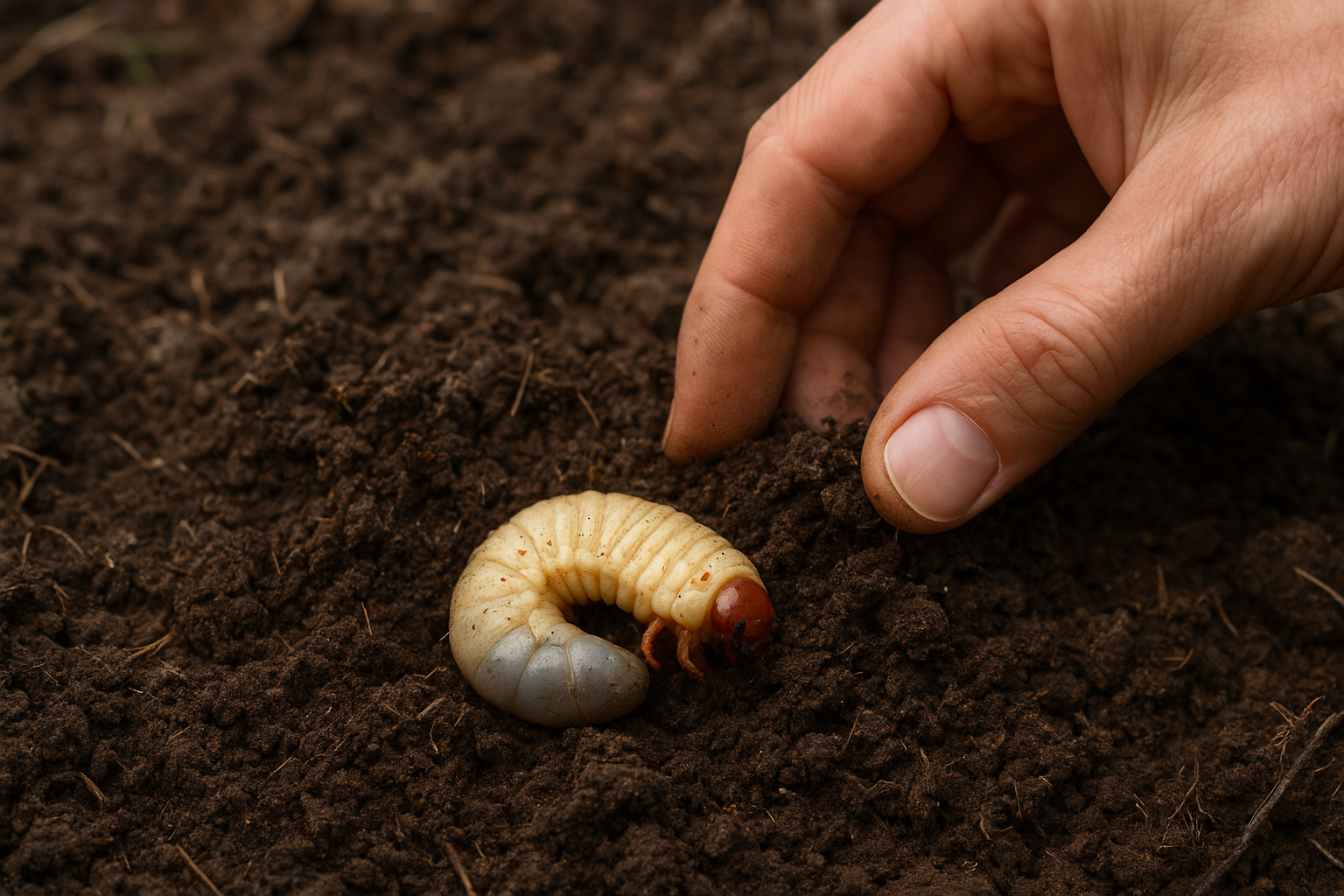 Białe larwy szkodników w ziemi doniczkowej – wykrywanie szkodników przy korzeniach rośliny – ilustracja artykułu