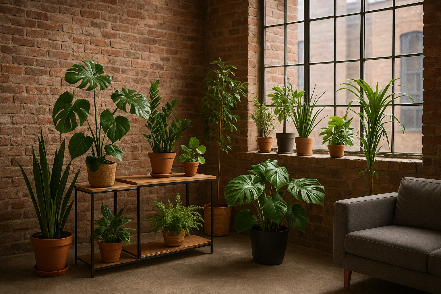 Przestronne wnętrze loftowe z dużymi roślinami doniczkowymi jak monstera i palma na tle ceglanej ściany. – ilustracja artykułu