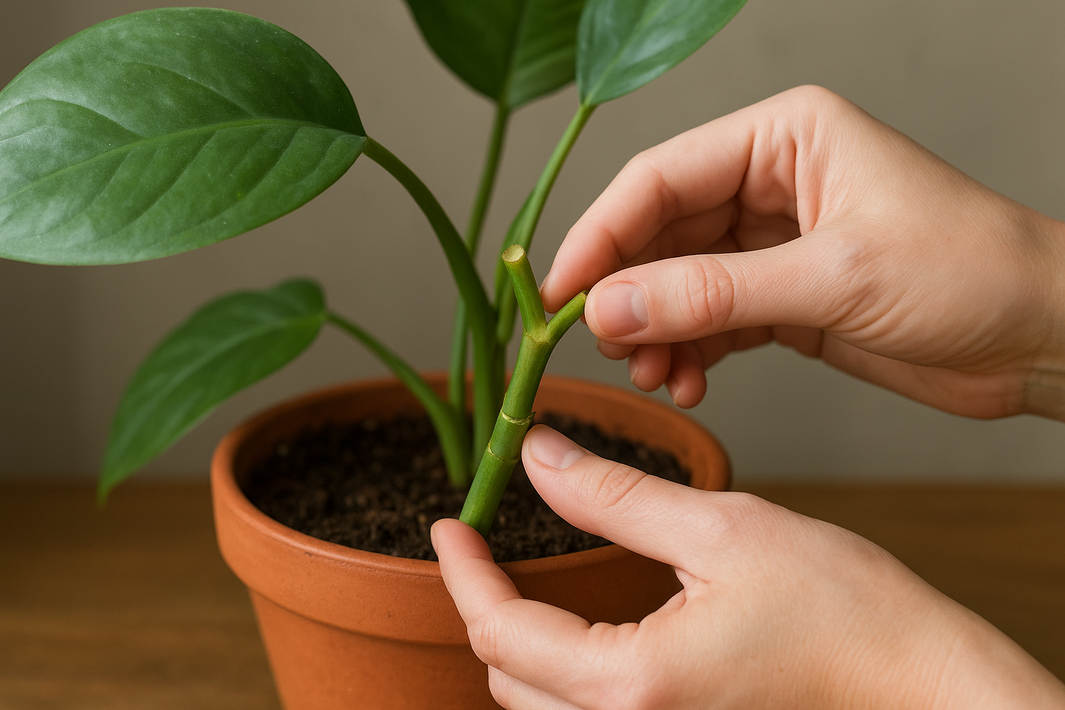 Zbliżenie na ratowanie rośliny po złamaniu pędu – usztywnianie łodygi patyczkiem i taśmą, zdrowe liście w tle – ilustracja artykułu