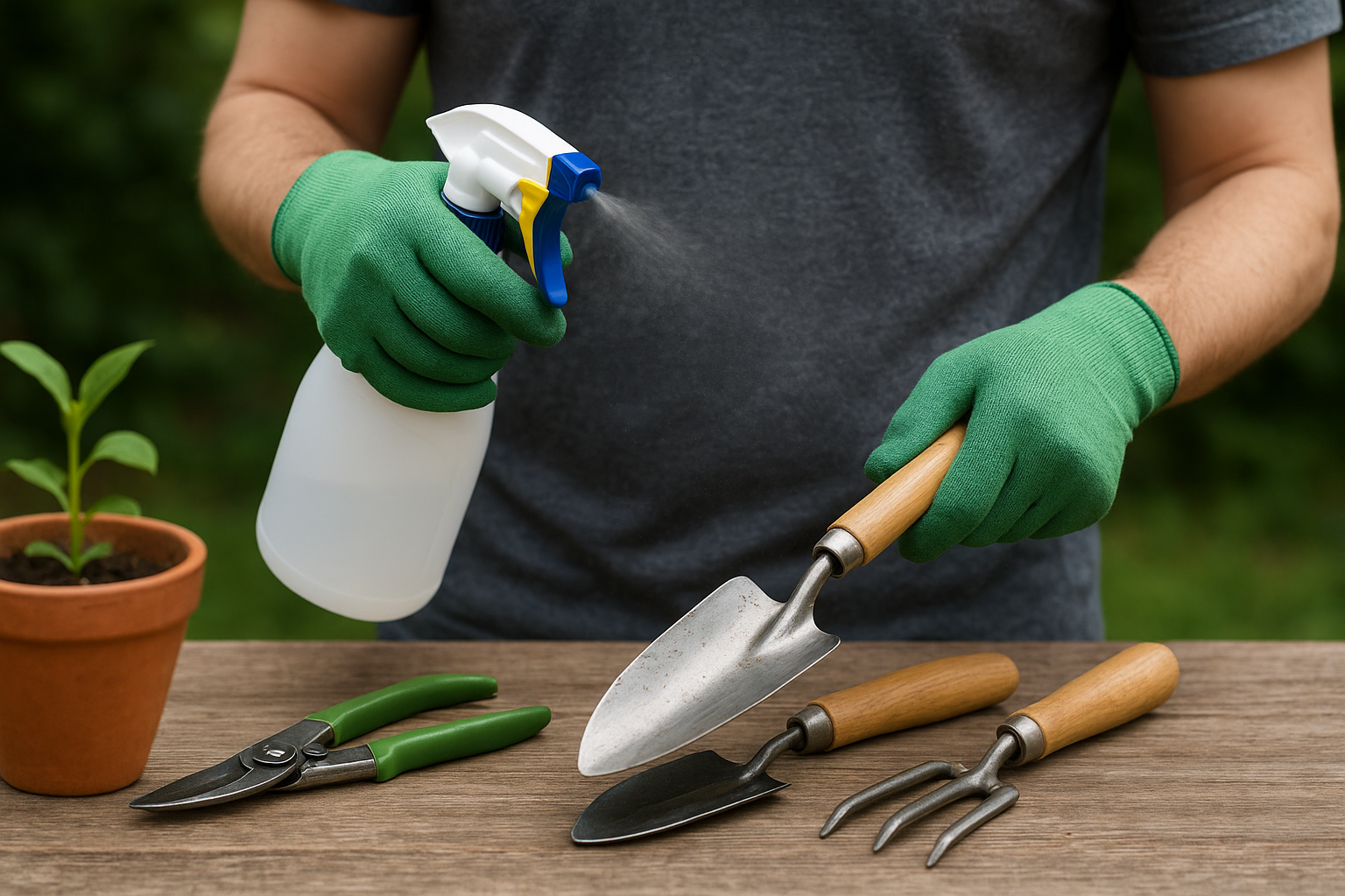 Dezynfekcja narzędzi ogrodniczych – czyste sekatory, łopatka, butelka alkoholu i zielony liść na jasnym tle. – ilustracja artykułu