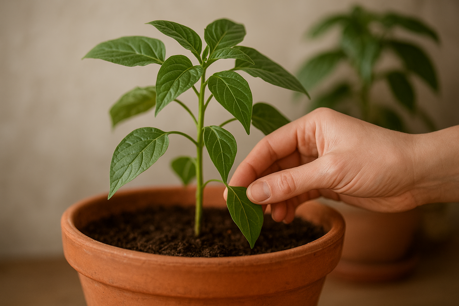 Roślina doniczkowa stojąca w miejscu – zdrowe liście, brak nowych przyrostów. – ilustracja artykułu