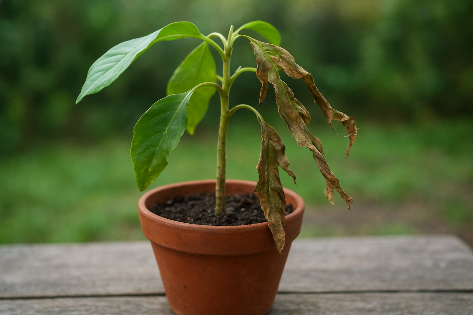 Ratowanie rośliny doniczkowej z uszkodzonymi przez wiatr liśćmi – cięcie sekatorem w domowym otoczeniu. – ilustracja artykułu
