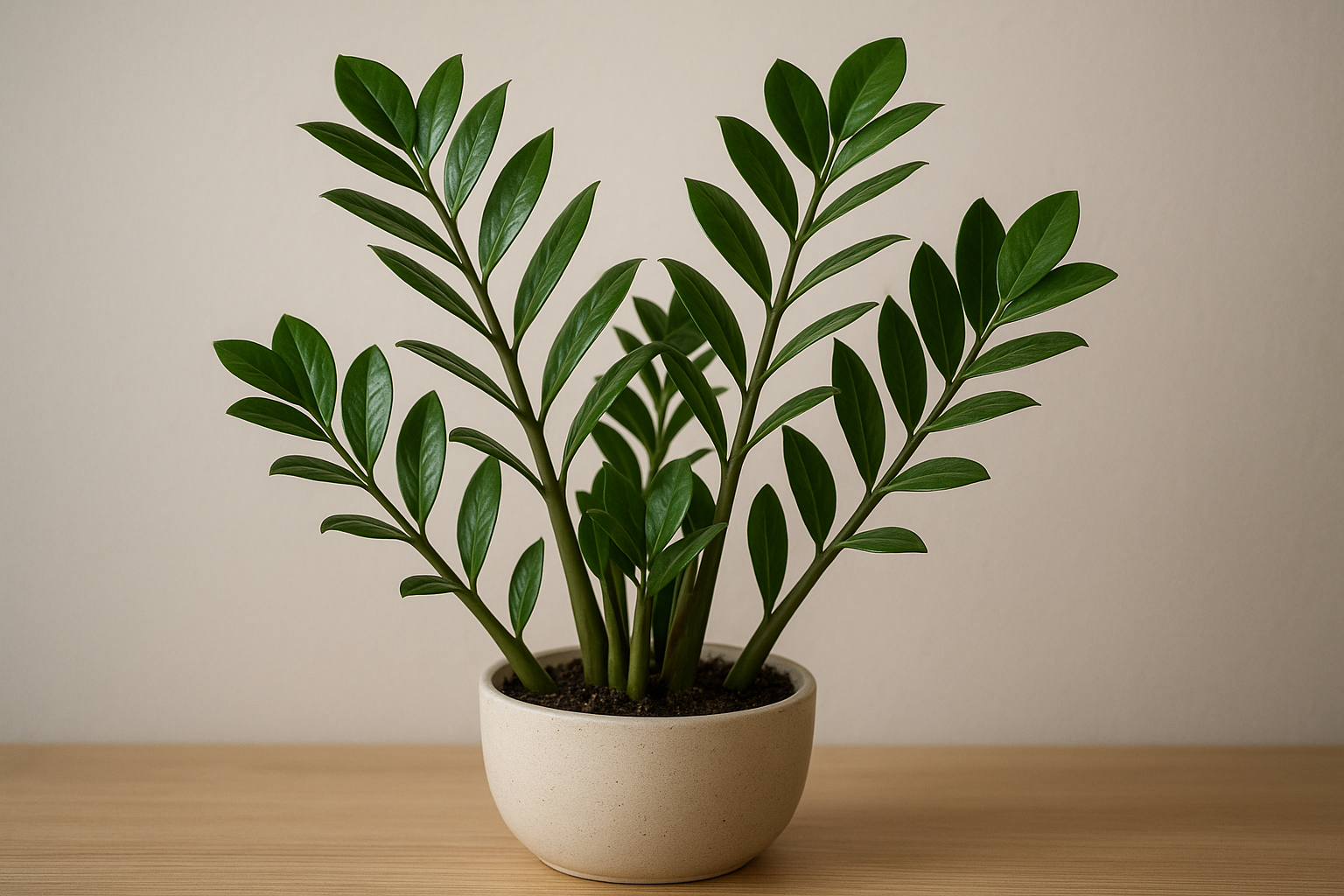 Zamiokulkas o błyszczących zielonych liściach w nowoczesnym wnętrzu, idealny dla zapracowanych. – ilustracja artykułu